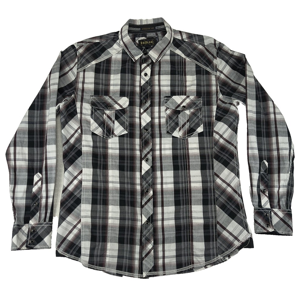 Helix Mens Athletic Fit Plaid Snap Front Western Shirt Black Gray White Medium
